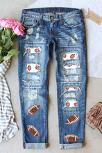 Load image into Gallery viewer, Sky Blue Sequin Rugby Football Patchwork Distressed Straight Leg Jeans
