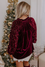 Load image into Gallery viewer, Red Dahlia Sequin Patchwork Sleeve Button Up Velvet Top
