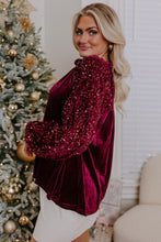 Load image into Gallery viewer, Red Dahlia Sequin Patchwork Sleeve Button Up Velvet Top
