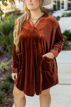 Load image into Gallery viewer, Coffee Plus Size V Neck Collared Pleated Back Rounded Hem Velvet Dress
