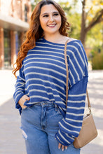 Load image into Gallery viewer, Sky Blue Stripe Drop Shoulder Casual Sweater

