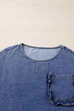 Load image into Gallery viewer, Sky Blue 3/4 Sleeve Ruffled Patched Pocket Denim Blouse
