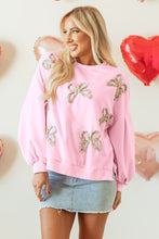 Load image into Gallery viewer, Light Pink Embroidered Bow Lantern Sleeve Oversized Pullover Sweatshirt
