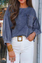 Load image into Gallery viewer, Sky Blue 3/4 Sleeve Ruffled Patched Pocket Denim Blouse
