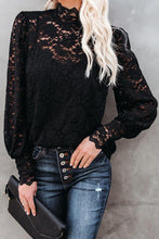 Load image into Gallery viewer, Black Lace Splicing Mock Neck Blouse
