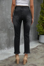 Load image into Gallery viewer, Black Distressed Raw Hem Button Mid Waist Jeans
