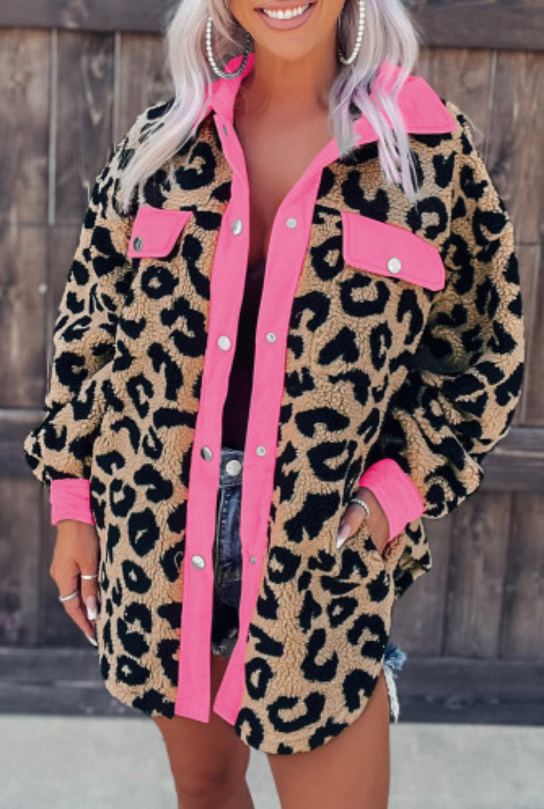 Leopard with Hot Pink Accent Teddy Jacket