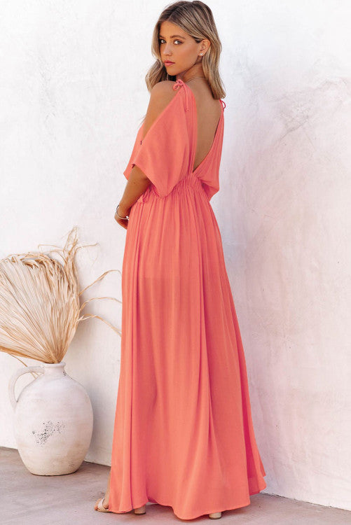 Orange Cold Shoulder with Slit Dress