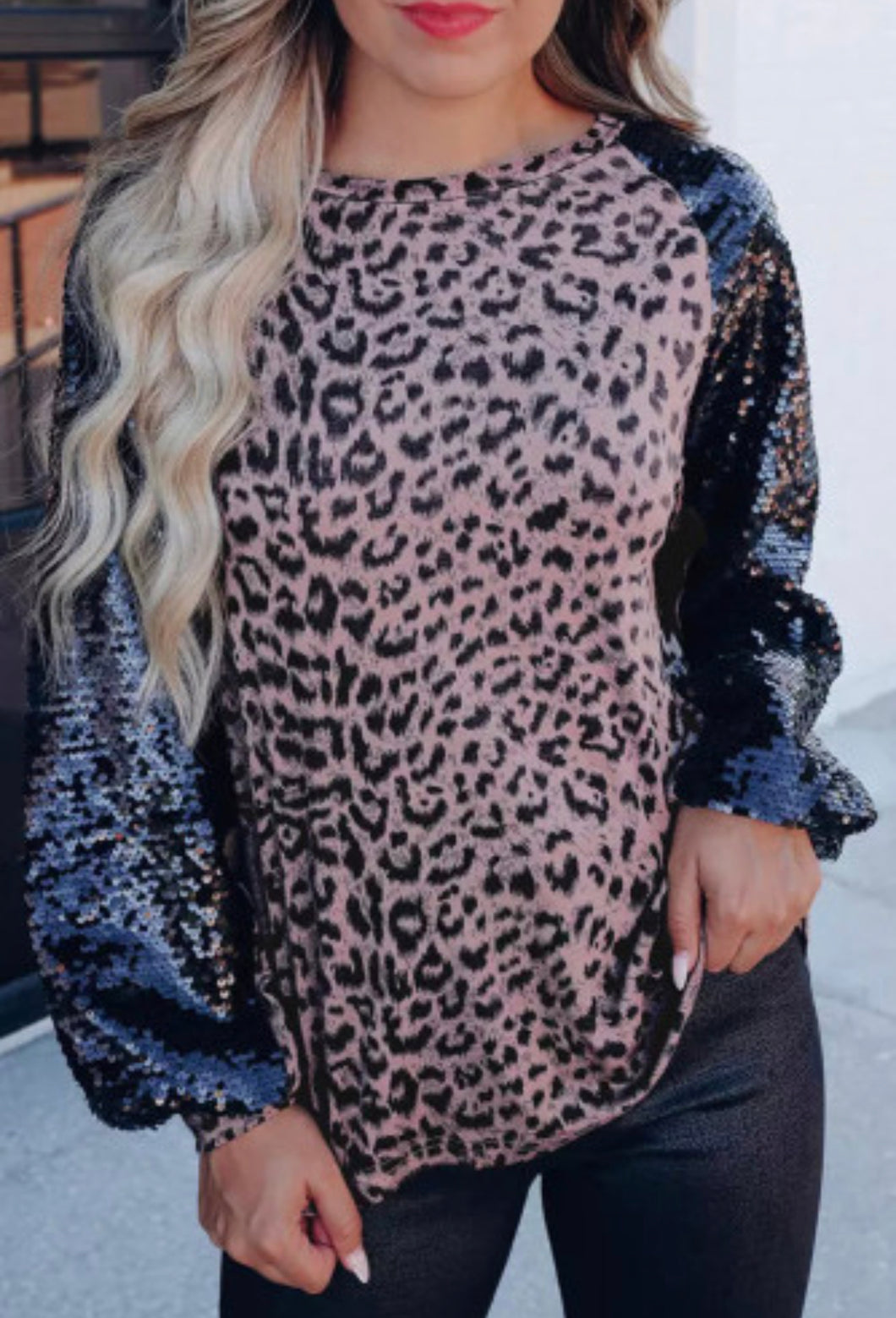 Sequin Leopard Long Sleeve Blouse