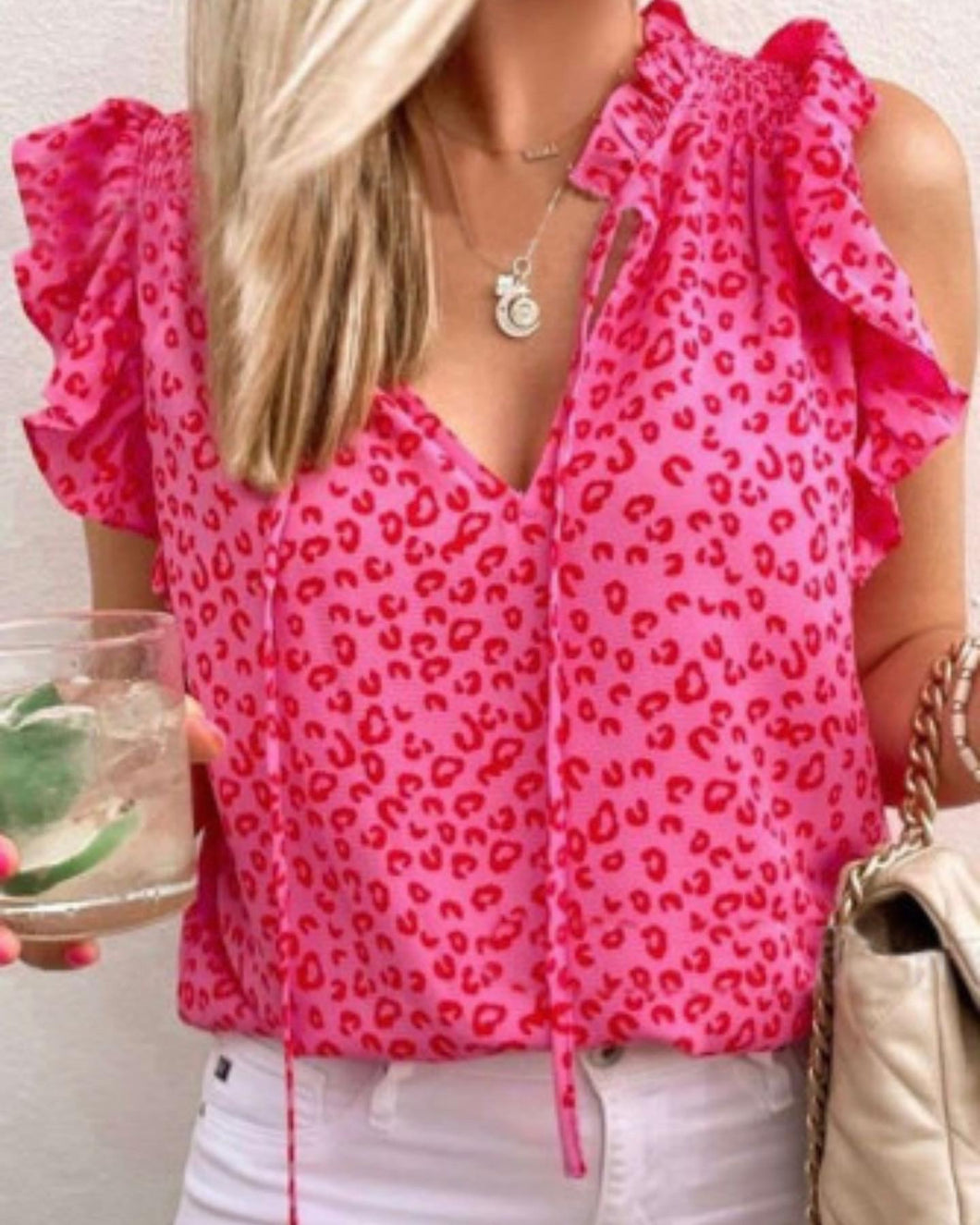 Pink Leopard Print Ruffled Top