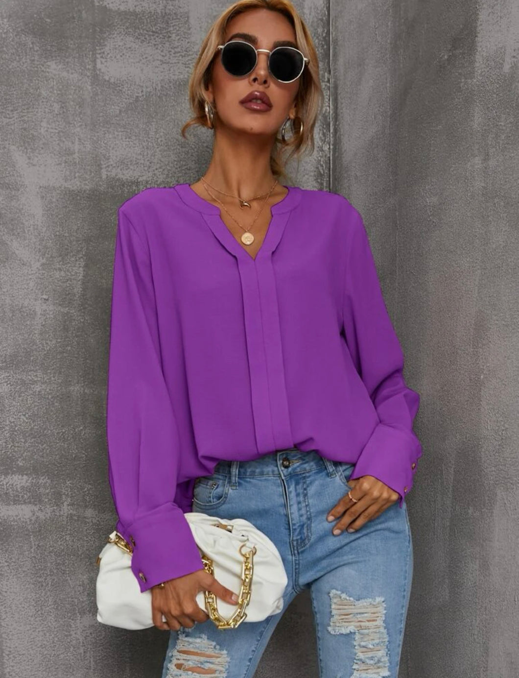 Purple Button Cuff Blouse