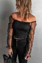 Load image into Gallery viewer, Black Dotted Off-the-shoulder Smocked Crop Top
