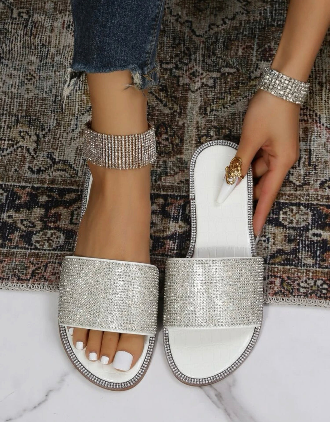 White Rhinestone Slide Sandals