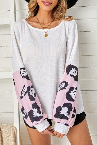 Pink Leopard Splicing Waffle Knit Puff Sleeve Blouse