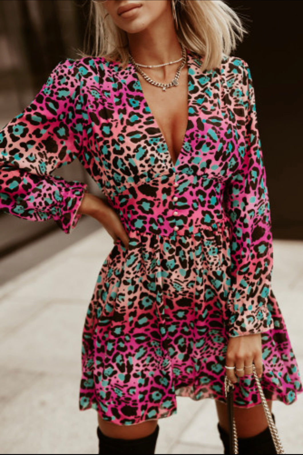 Rose V Neck Leopard Dress