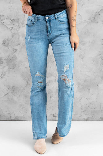 Sky Blue Wash Distressed Flare Jeans