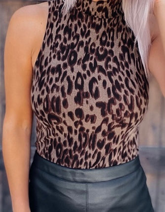 Leopard Print High Neck Sleeveless Bodysuit