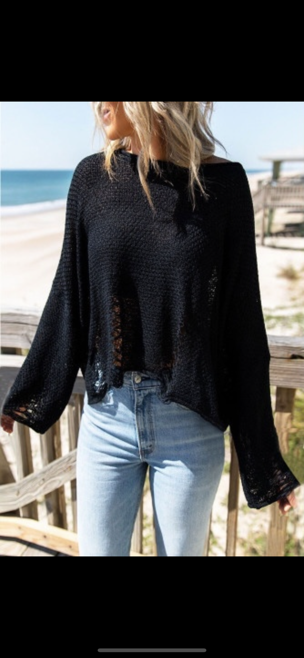 Black Distressed Boxy Fit Crop Knit Sweater