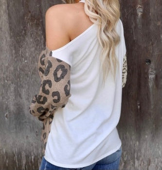 Leopard Splicing Cold Shoulder Long Sleeve Top