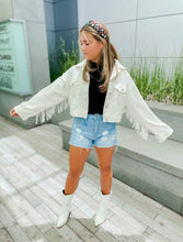 Load image into Gallery viewer, White Fringe Denim Jacket
